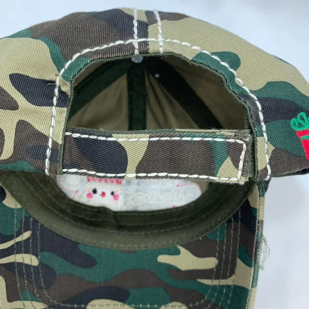 Merry Christmas Y'all! Santa Hat Ladies Camo Adjustable Distressed Baseball Cap